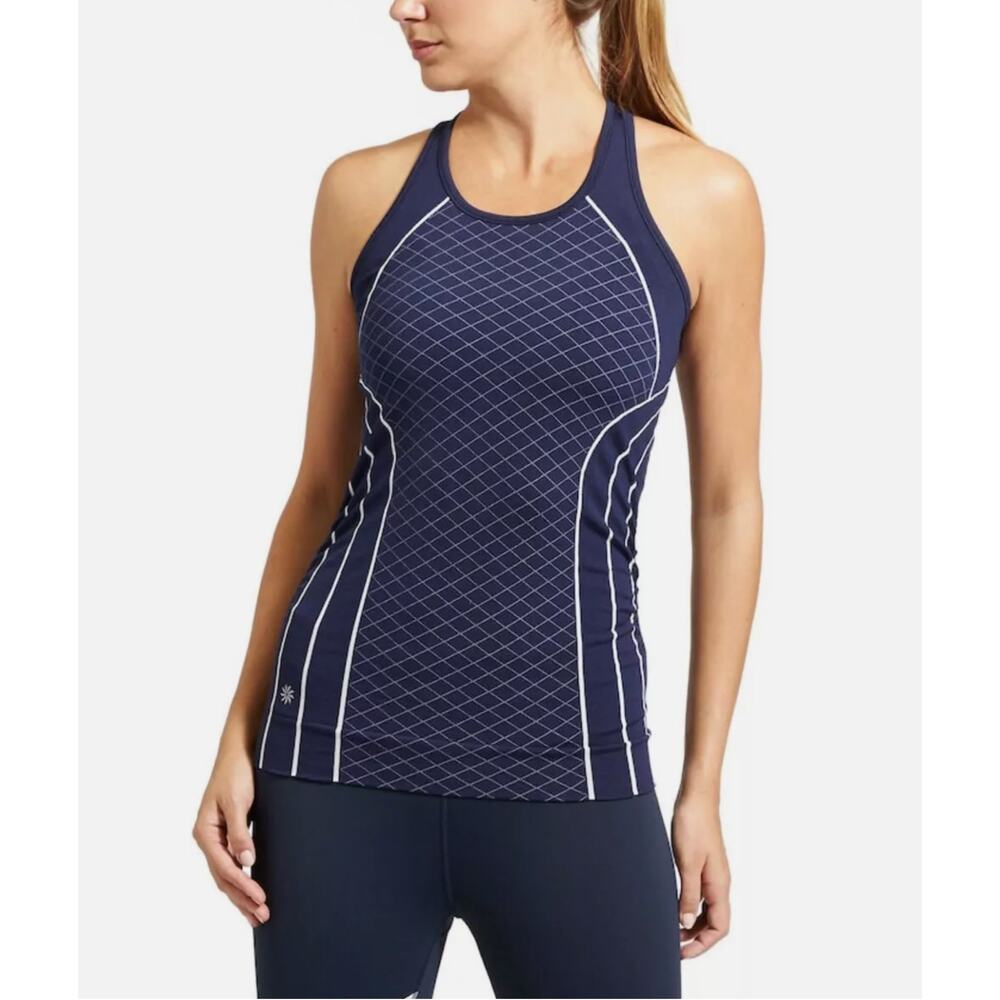 Athleta Finish Fast Line Ruched White Navy Tank Top Size XS Gym Yoga Workout - Picture 2 of 8